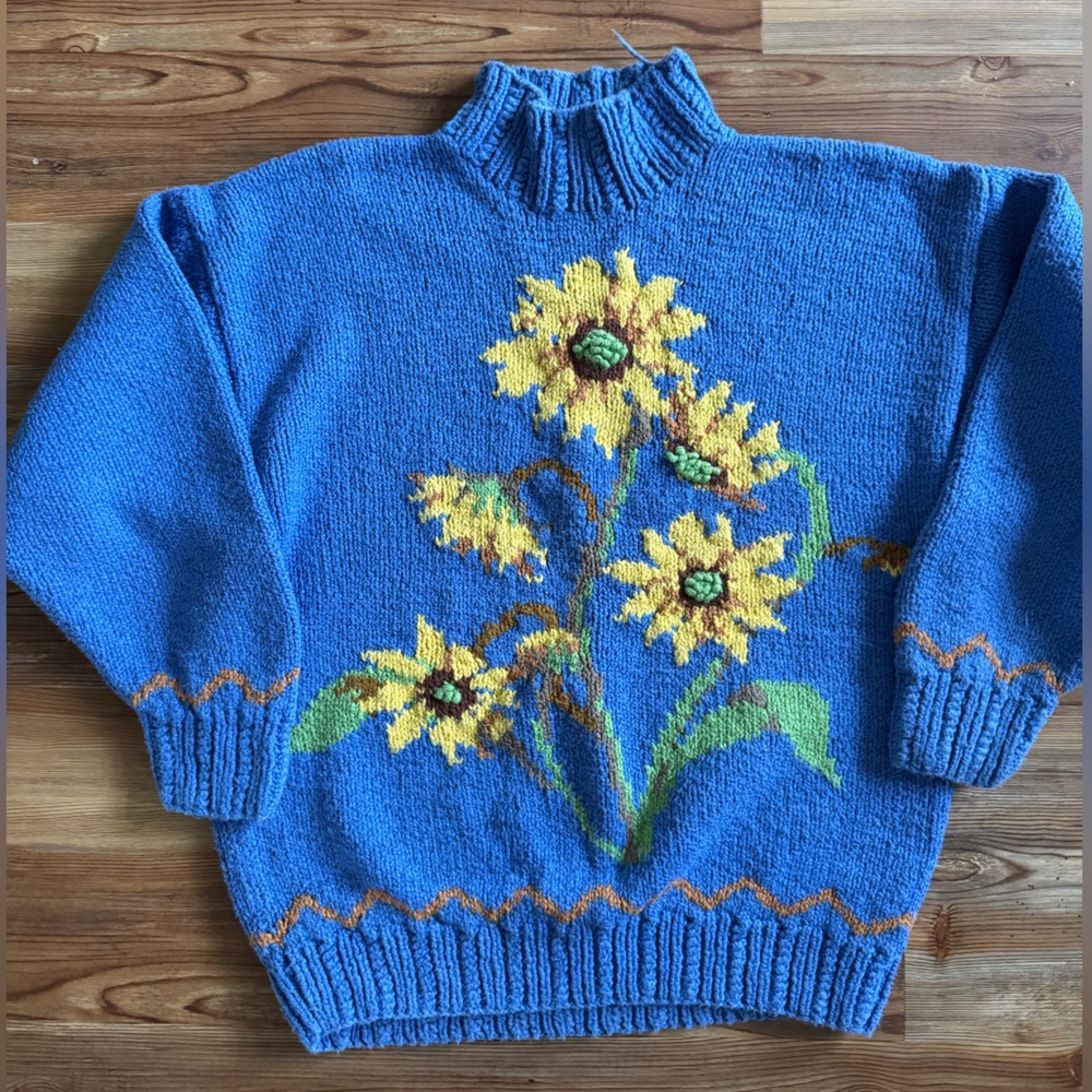 Blue Sweater with Sunflower Design